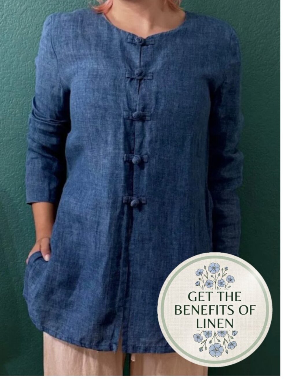 Y2K Max Studio 100% Linen VTG Denim Blue Frog Button Blouse Top Size 1 / Small